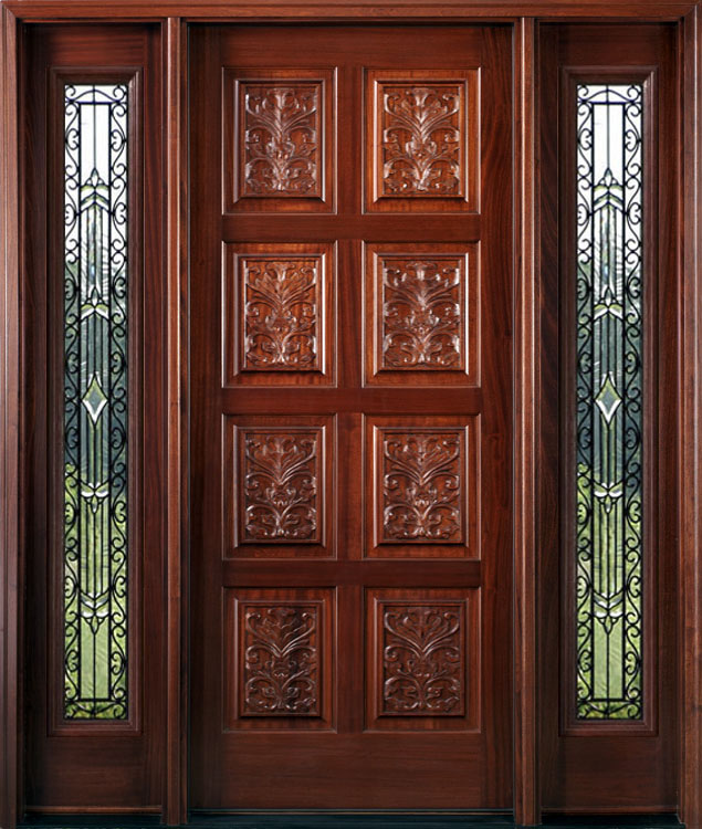 Exterior Hand Carved Doors with Wrought Iron Sidelights