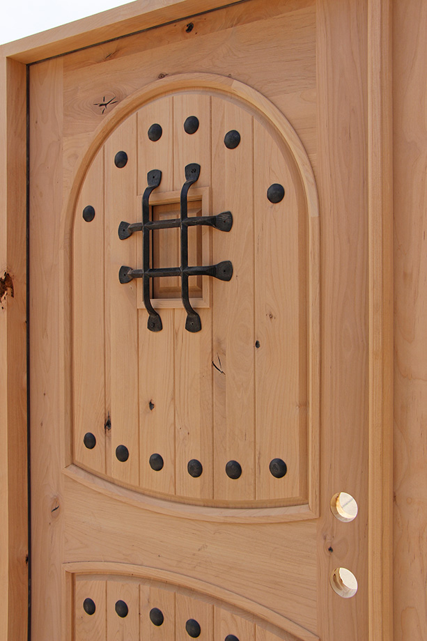 Exterior Knotty Alder Double Doors Arched Panels