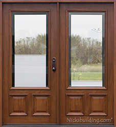 exterior mahogany door with shades between glass