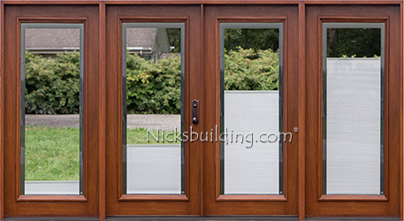 wood patio doors with shades between glass