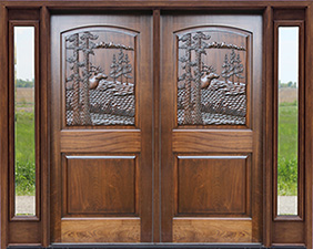 Carved Elk Doors with Clear glass Sidelights