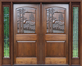 carved Elk Double Doors with Sidelights