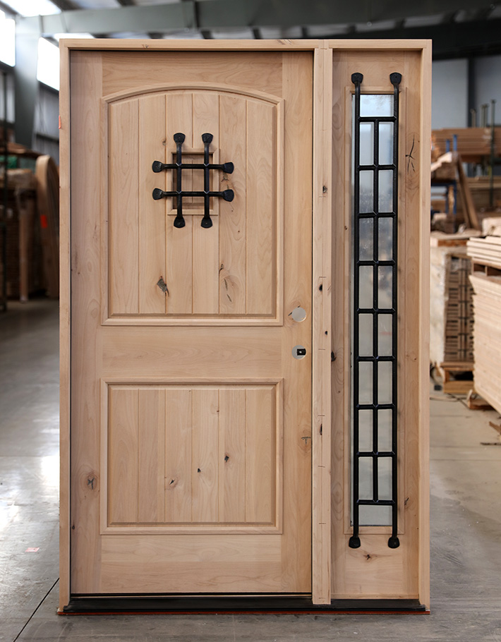 Rustic Knotty Alder Left Hand Exterior Door with 1 Sidelite