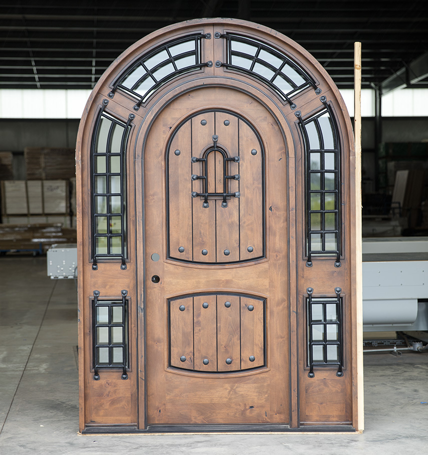 Knotty Alder Wood Arched Door with Speakeasy and Sidelights