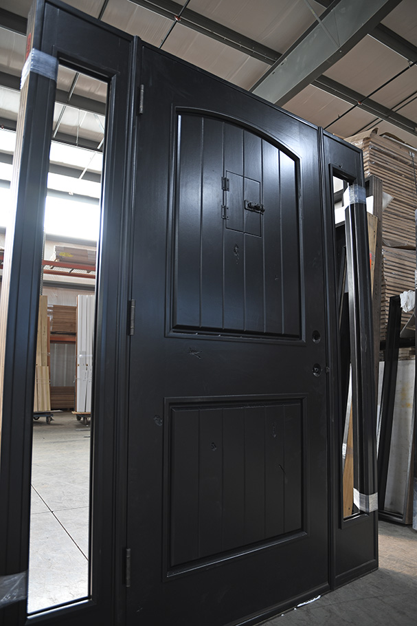 Knotty Alder Black Exterior Door with Speakeasy and Sidelights