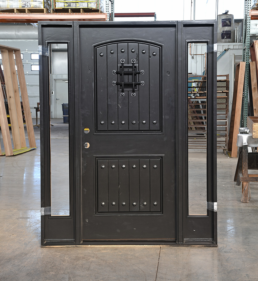 Knotty Alder Black Exterior Door with Speakeasy and Sidelights