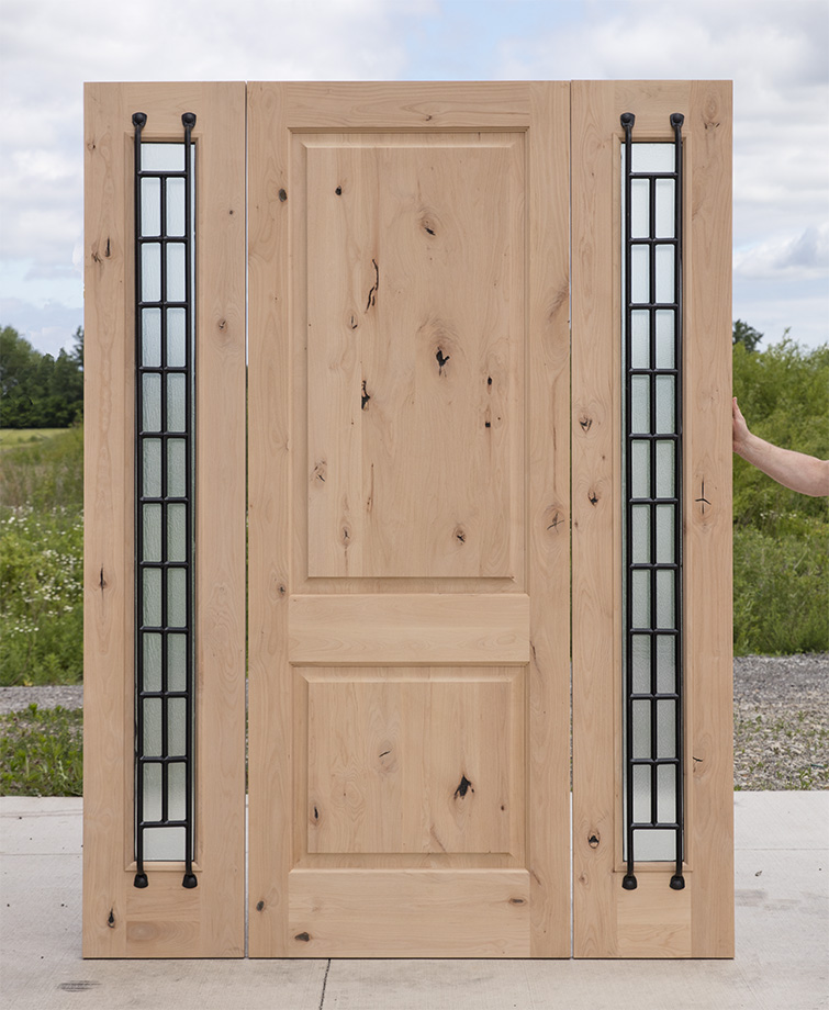 Square Panel Raised Knotty Alder Exterior Door with  Sidelites