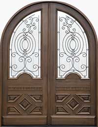 Cabernet Arched Top African Mahogany Double Doors with Wrought Iron Glass