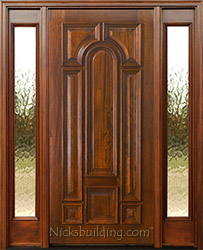 solid mahogany exterior door with sidelights and flemish glass