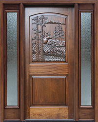 Carved Elk Door with Rain Glass Sidelights