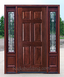 mahogany 6 panel front doors with srought iron sidelights