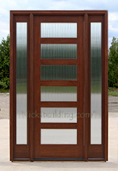 modern exterior door with 2 sidelights and reed glass