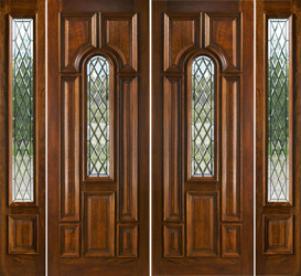 Model 525 double doors with 100 series sidelights has Gothis Style Clear Beveled Glass with a Patina Came