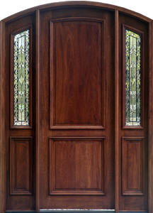 Exterior Mahogany Arched Doors with Arched Sidelights and Wrought Iron Glass