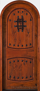 round top rustic knotty alder exterior door with v-groove panels and speakeasy door Model SW-04