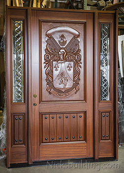 African Mahogany Custom Exterior Door with Hand Carved Panel